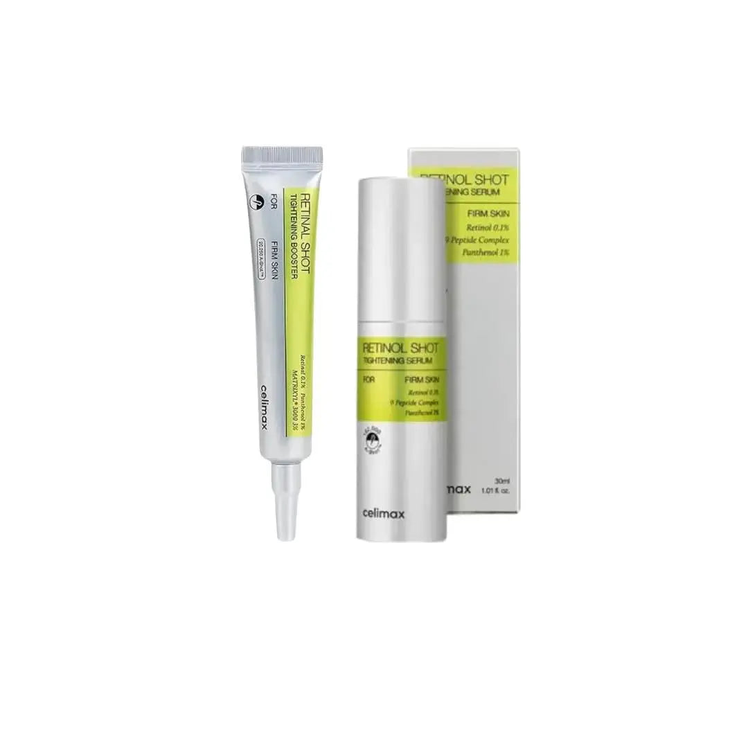CELIMAX Retinal Power Duo set with skincare products for firming and renewing skin, featuring sleek packaging and product bottles.