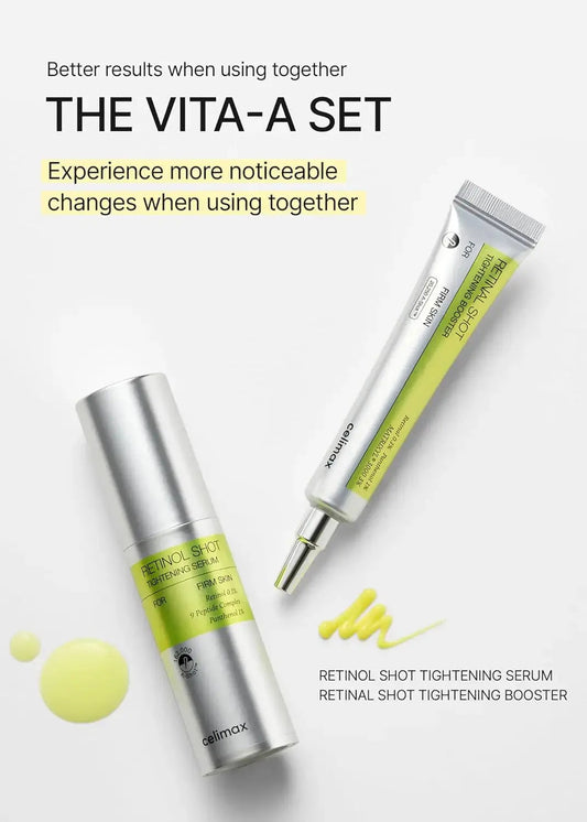 CELIMAX The Vita-A Retinol Shot Tightening Booster serum in 15ml bottle, designed to firm and rejuvenate skin with retinol.