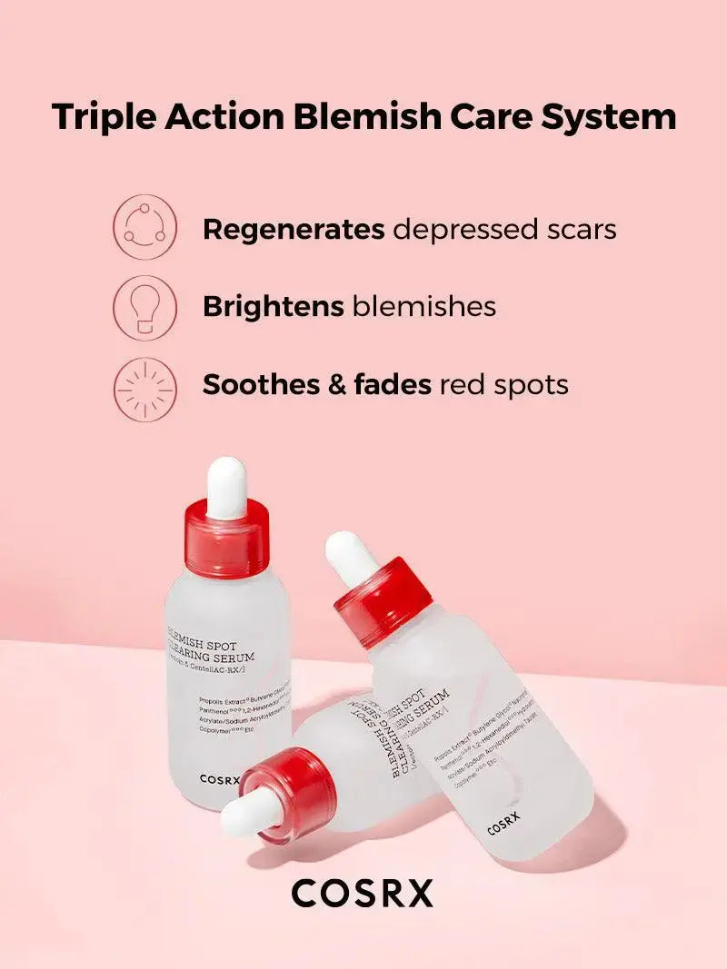 COSRX AC Collection Blemish Spot Clearing Serum 40ml bottle with dropper, clear liquid for acne treatment.