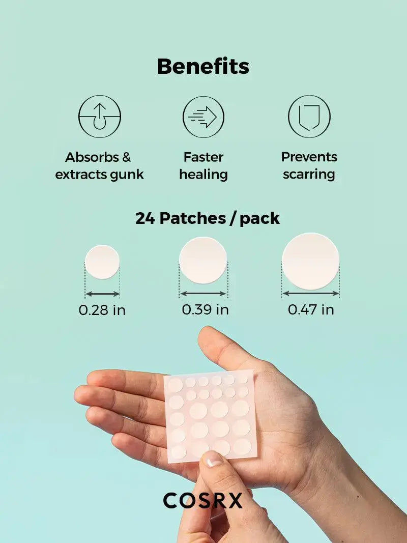 COSRX Acne Pimple Patch applied on clear skin, showing small transparent patches designed to treat pimples effectively.
