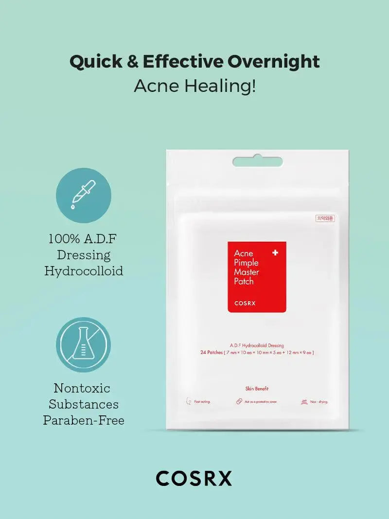 Close-up of COSRX Acne Pimple Patch applied to clear skin, showing small, transparent patches designed for acne treatment.