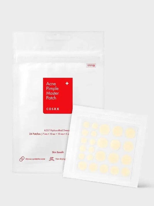 COSRX Acne Pimple Patch applied on skin, showing clear, transparent hydrocolloid patches designed to treat acne and pimples.