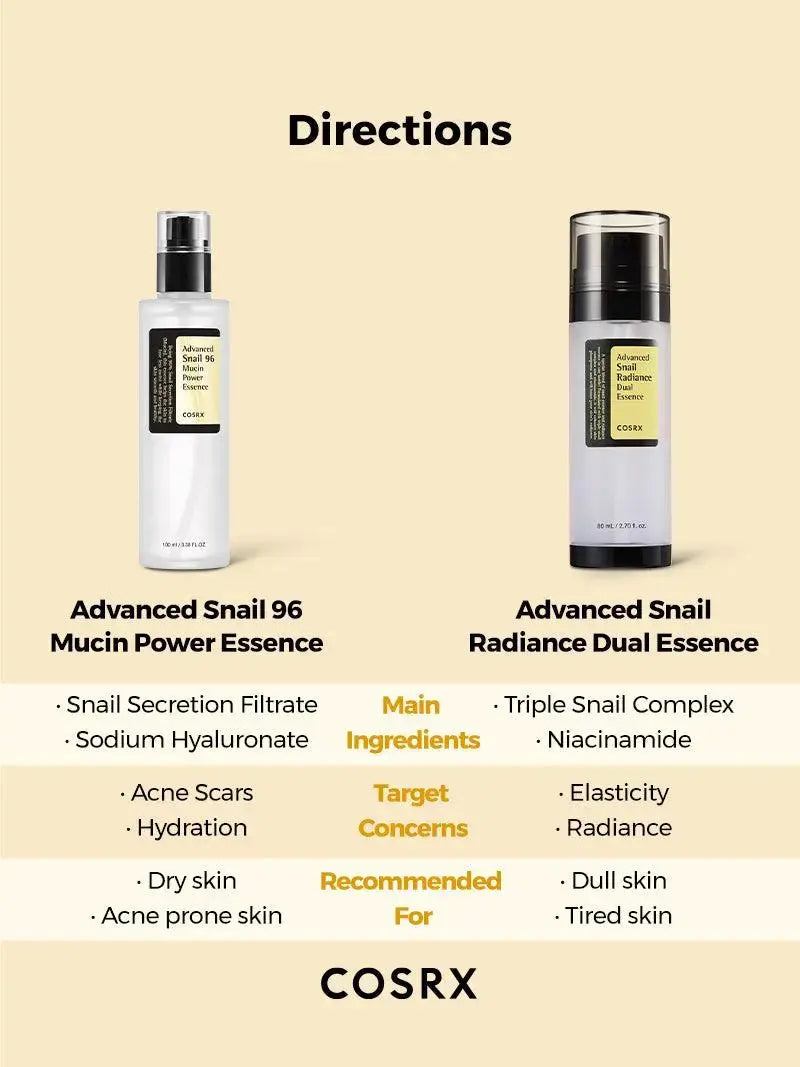 COSRX Advanced Snail Radiance Dual Essence 80ml bottle, featuring a clear dispenser and sleek design for nourishing skincare.