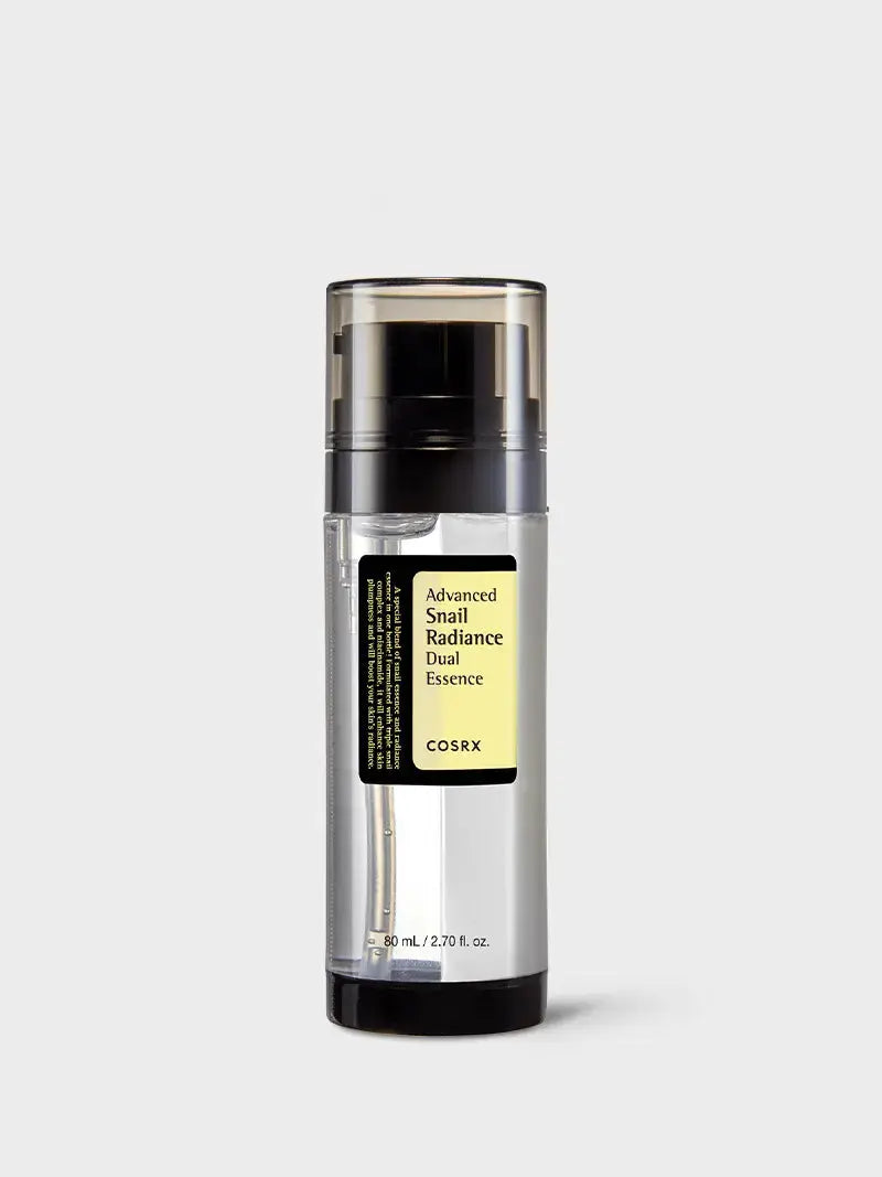 COSRX Advanced Snail Radiance Dual Essence 80 ml bottle showing the clear liquid and sleek packaging with branding.