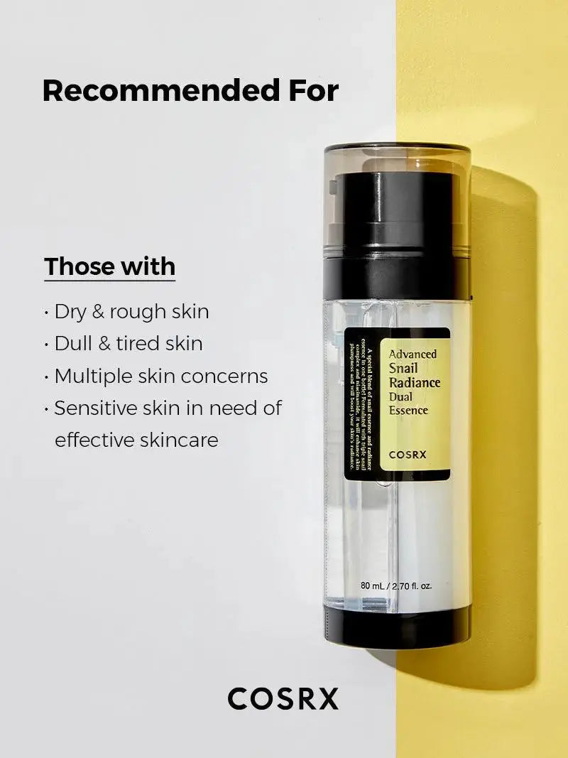 COSRX Advanced Snail Radiance Dual Essence 80ml bottle showing the clear liquid inside and the product label on the packaging.