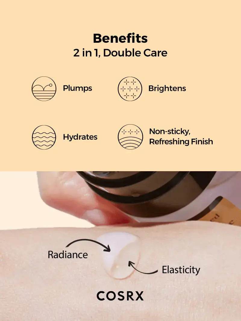 COSRX Advanced Snail Radiance Dual Essence 80ml bottle showing the product packaging with a sleek design and clear branding
