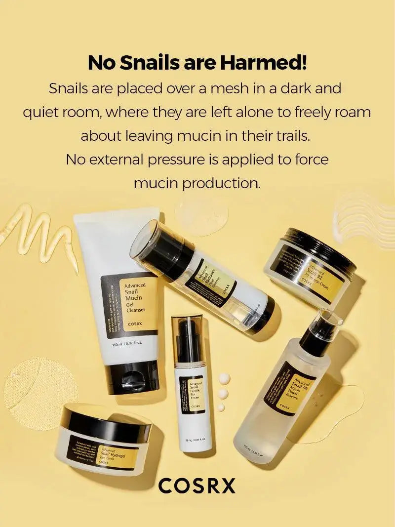 COSRX Advanced Snail Radiance Dual Essence 80ml bottle, clear packaging with silver accents, highlighting the skincare product.