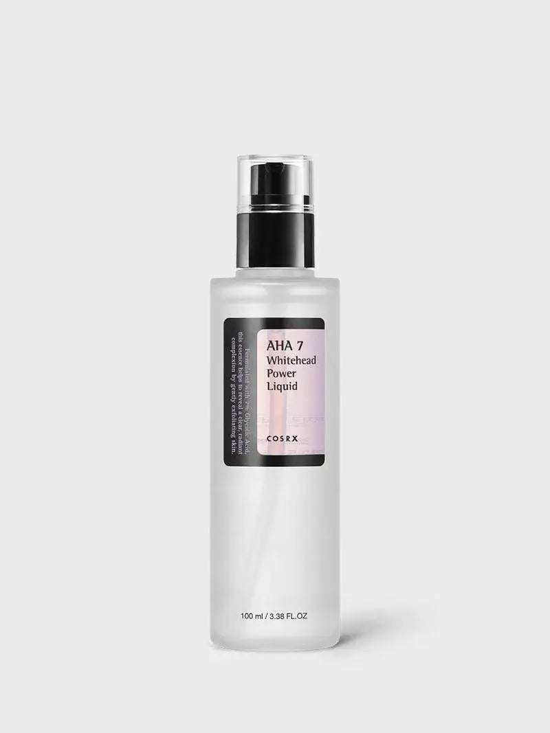 COSRX AHA 7 Whitehead Power Liquid in a 100 ml bottle, showing the clear liquid inside and the product label.