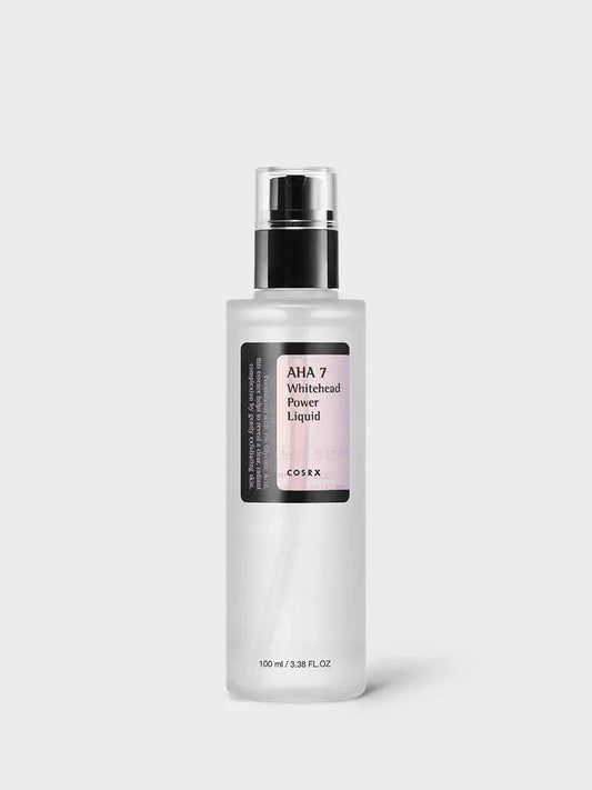 COSRX AHA 7 Whitehead Power Liquid in a 100 ml bottle, showing the clear liquid inside and the product label.