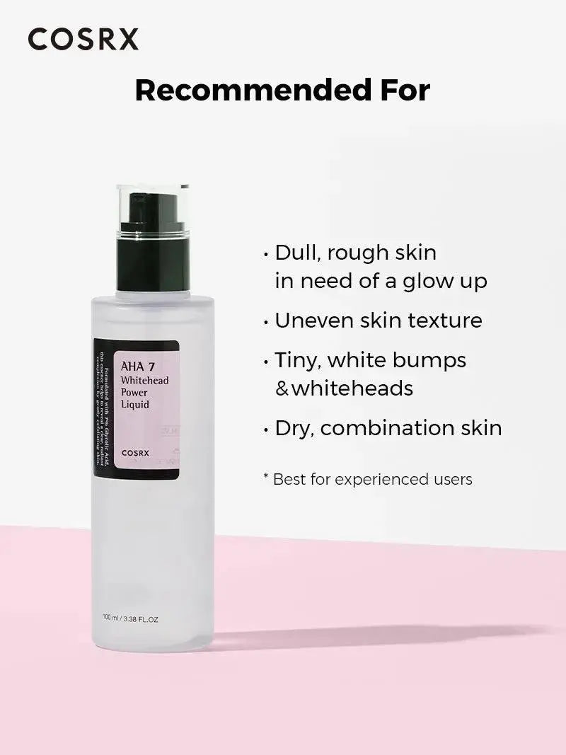 Cosrx AHA 7 Whitehead Power Liquid 100ml bottle, featuring clear liquid in a sleek skincare product container