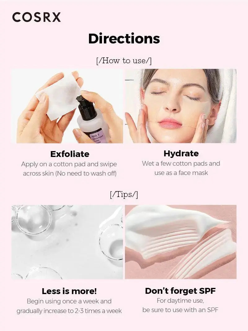 Bottle of COSRX AHA 7 Whitehead Power Liquid 100 ml with clear label and dropper cap, designed for exfoliating and pore care.