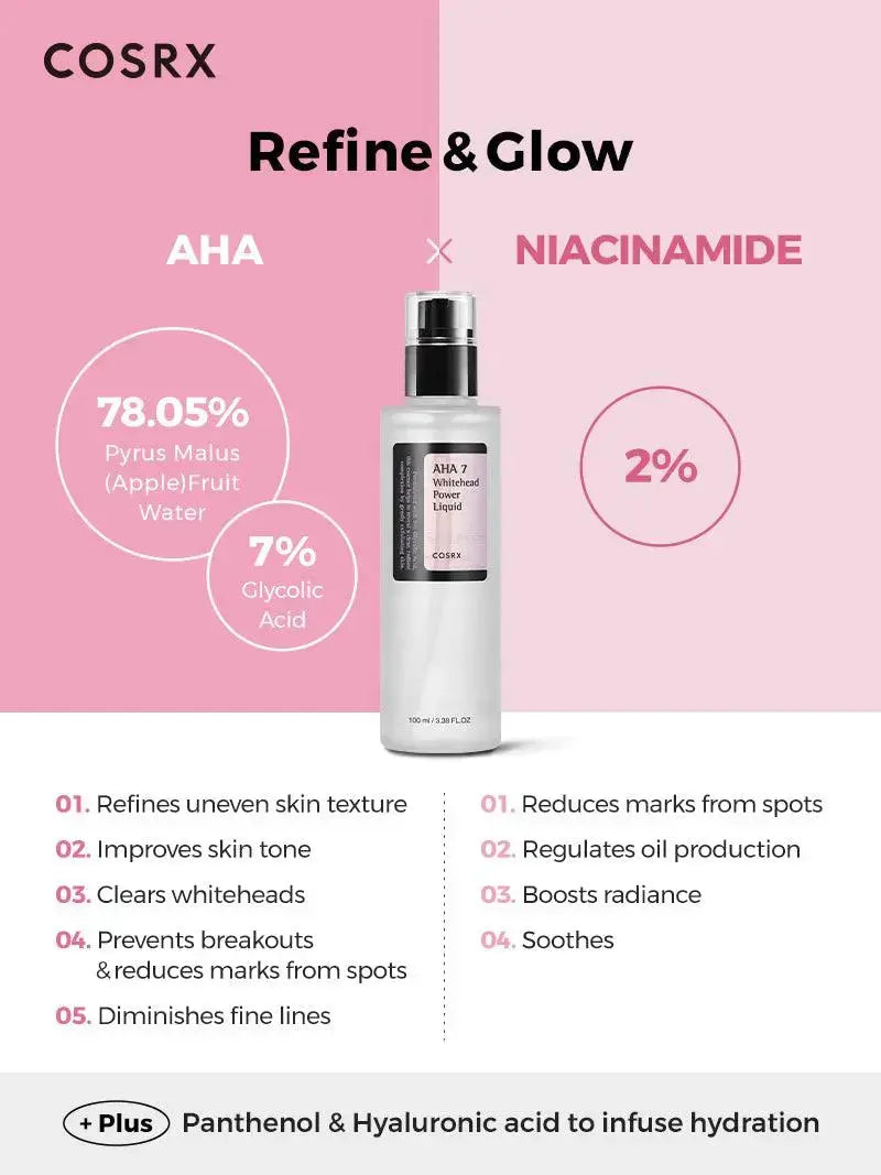 COSRX AHA 7 Whitehead Power Liquid in a clear 100ml bottle, shown with its label and applicator tip.