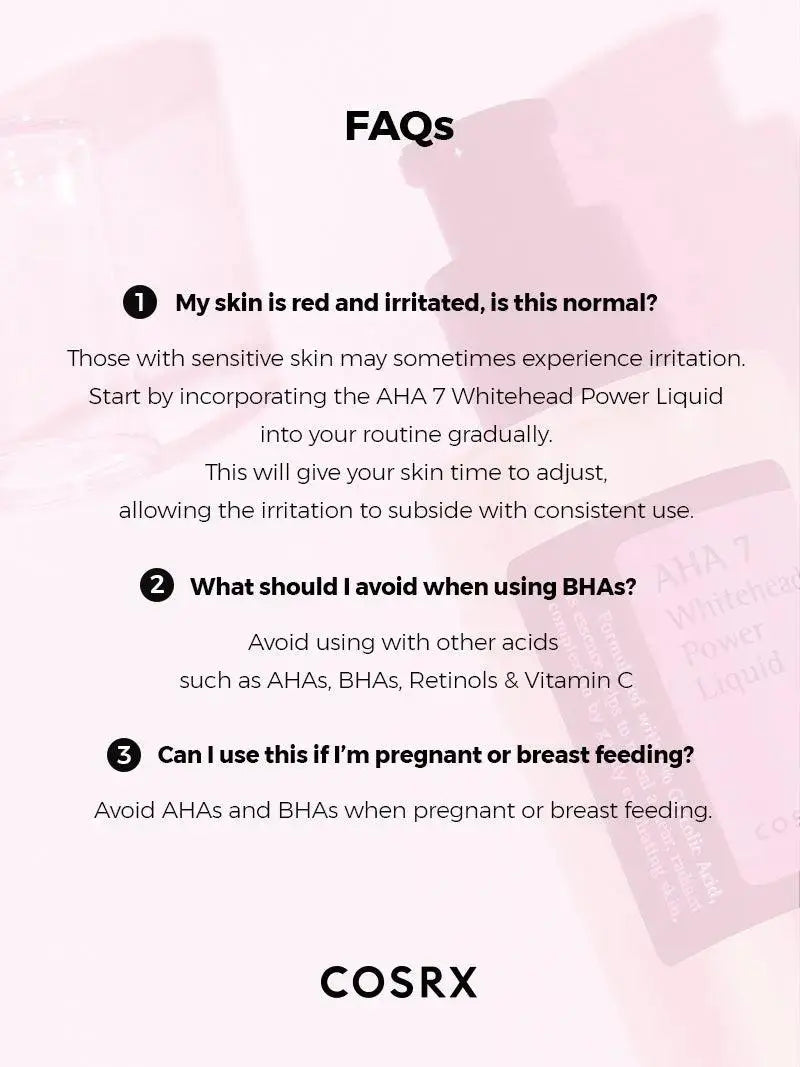 Bottle of COSRX AHA 7 Whitehead Power Liquid 100 ml with clear labeling, used for exfoliating and pore cleansing.