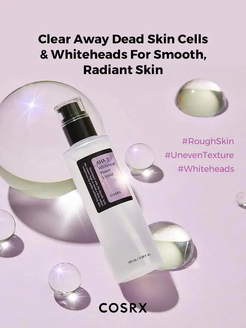 COSRX AHA 7 Whitehead Power Liquid 100ml bottle with clear liquid inside, designed for exfoliating and clearing skin.