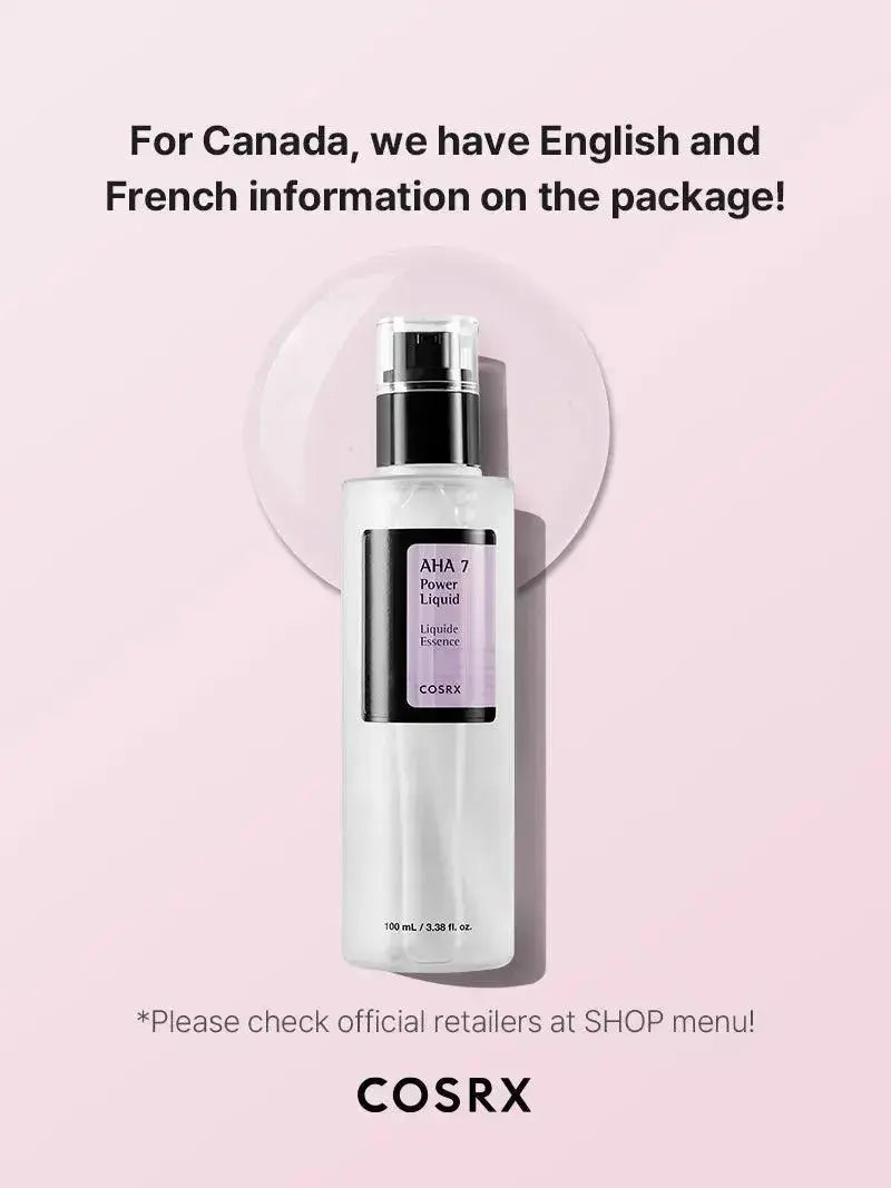 COSRX AHA 7 Whitehead Power Liquid 100ml bottle with clear liquid inside, designed for exfoliating and pore clearing.