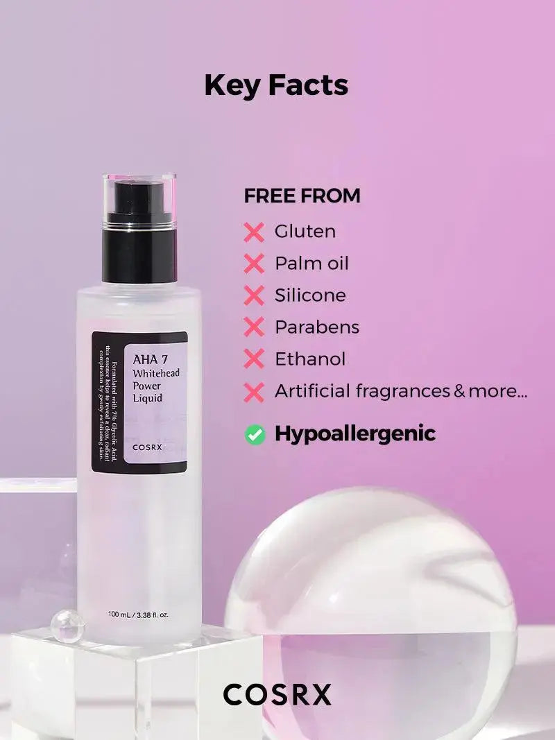 Cosrx Aha 7 Whitehead Power Liquid in 100ml bottle, featuring clear liquid with a pump dispenser for pore clarity and exfoliation.