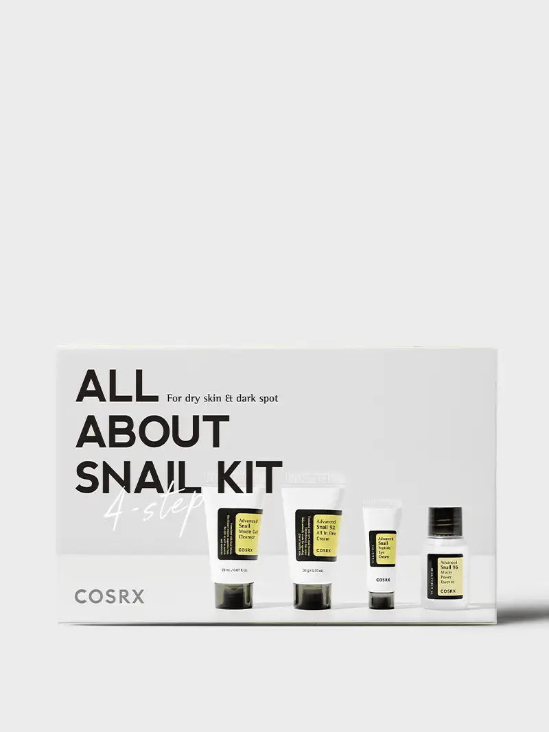 COSRX All About Snail 4-Step Kit featuring snail mucus skincare products for nourishing and repairing skin.