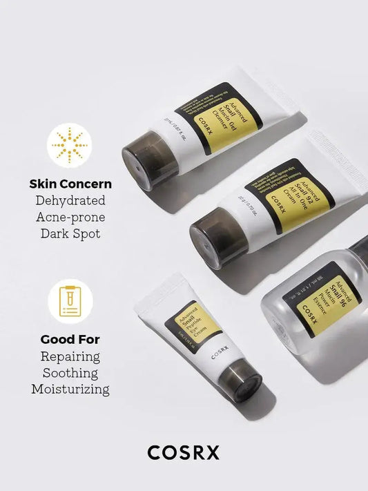 COSRX All About Snail 4-Step Kit with snail mucus-based skincare products for nourishing and hydrating skin.