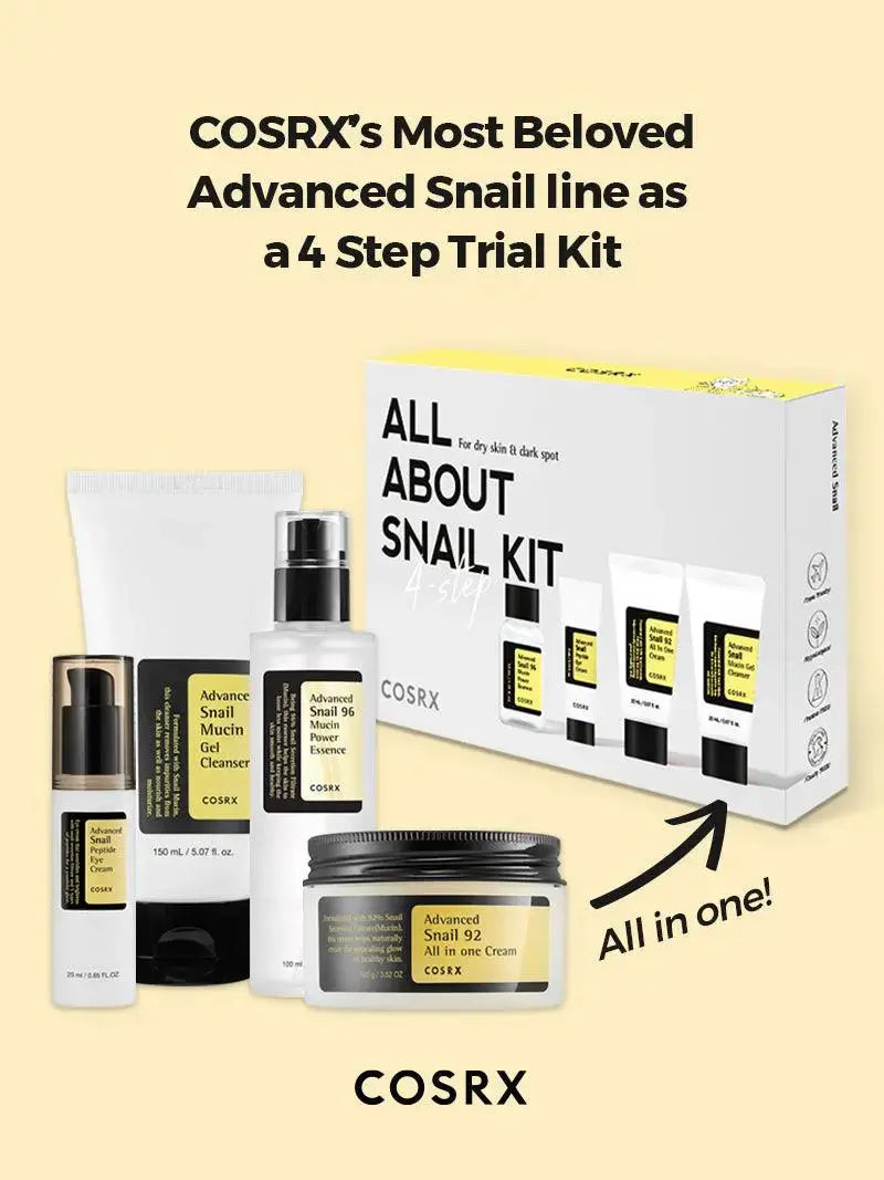 COSRX All About Snail 4-Step Kit featuring snail mucin skincare products for nourishing and repairing skin.