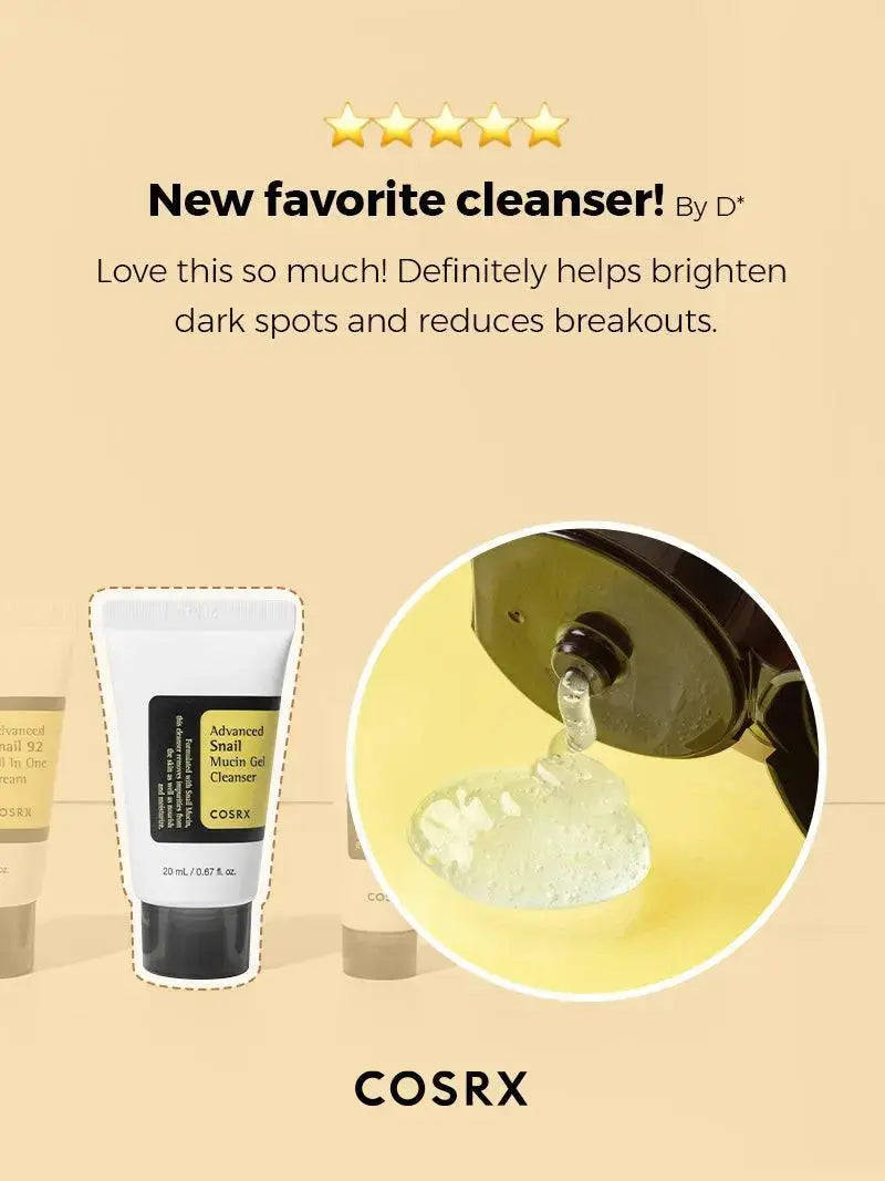 COSRX All About Snail Kit 4 Step set featuring skincare bottles and jars with snail mucosa extract for nourishing skin.