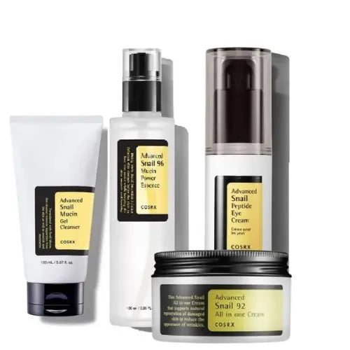 COSRX All About Snail Set with serum, toner, and cream for nourishing and hydrating skin care.