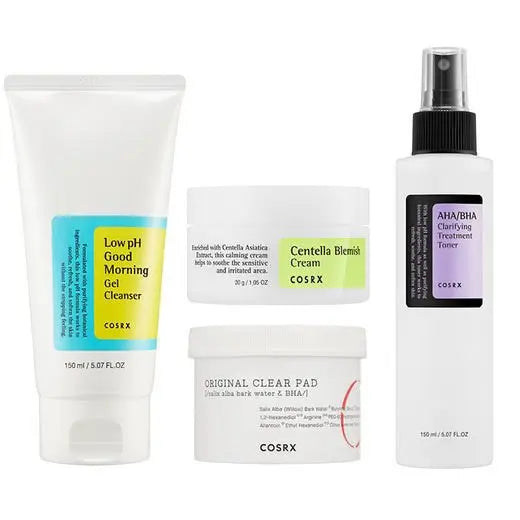 COSRX All in One Set 350ml skincare set with bottles and jars, featuring various skincare products in a white and green packaging.