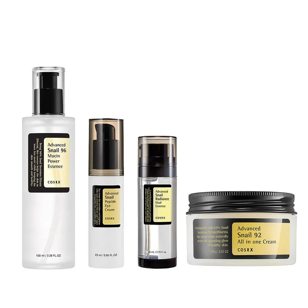 COSRX Best Seller Snail Skincare Set featuring snail essence creams and serums in a convenient skincare kit.
