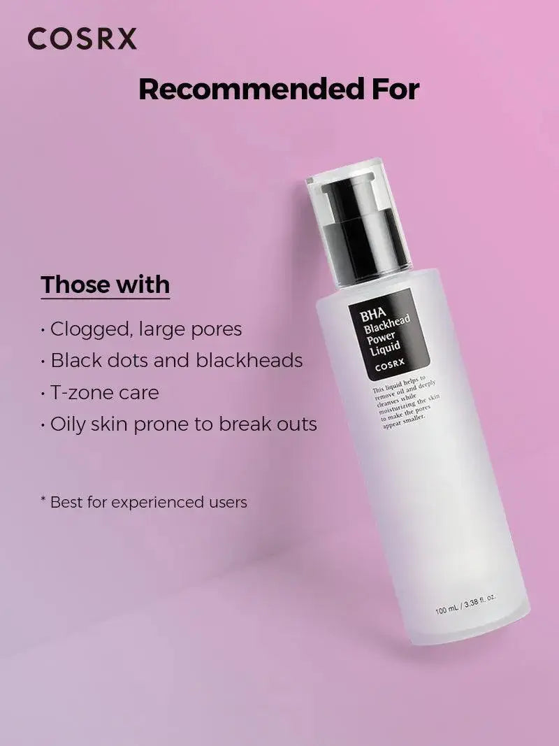 COSRX BHA Blackhead Power Liquid 100ml bottle with clear liquid and dropper cap, skincare product for blackhead control and pore clearing.