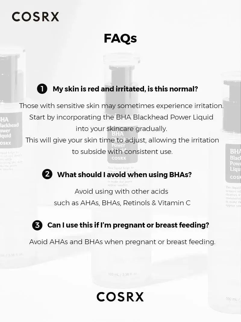 Cosrx BHA Blackhead Power Liquid 100ml bottle with clear liquid and minimalist label, designed for blackhead treatment and pore care.