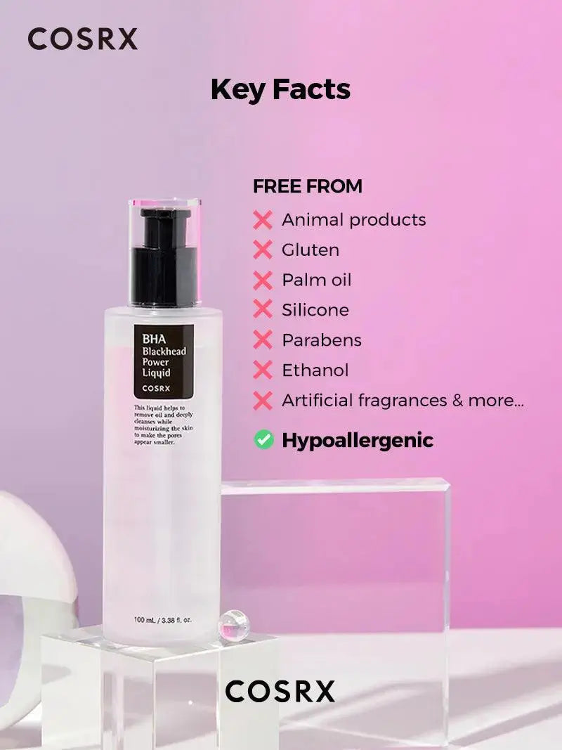 COSRX BHA Blackhead Power Liquid 100 ml bottle with clear liquid, designed to exfoliate and unclog pores.