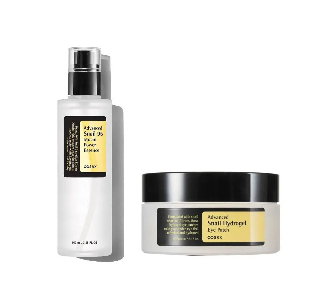 COSRX Eye Gel Patch and Advance Snail Essence set with serum and cream for nourishing and hydrating skin.