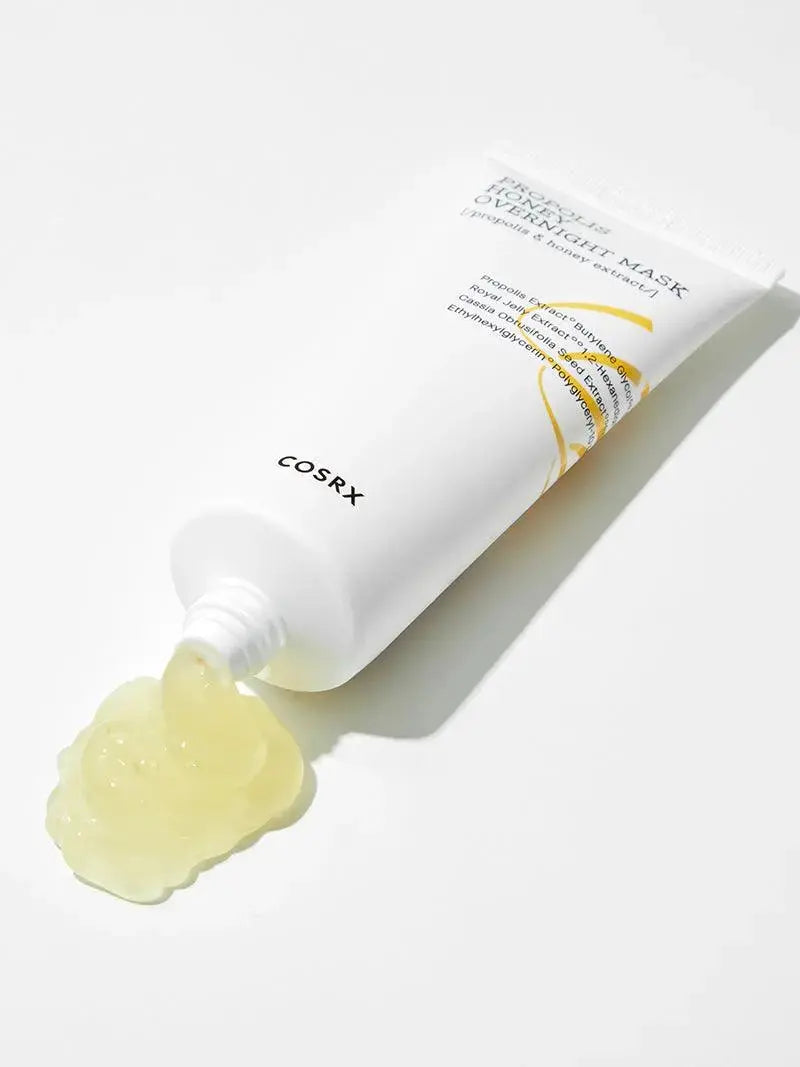 COSRX Full Fit Propolis Honey Overnight Mask in a 60ml jar, featuring nourishing honey and propolis for revitalized skin.