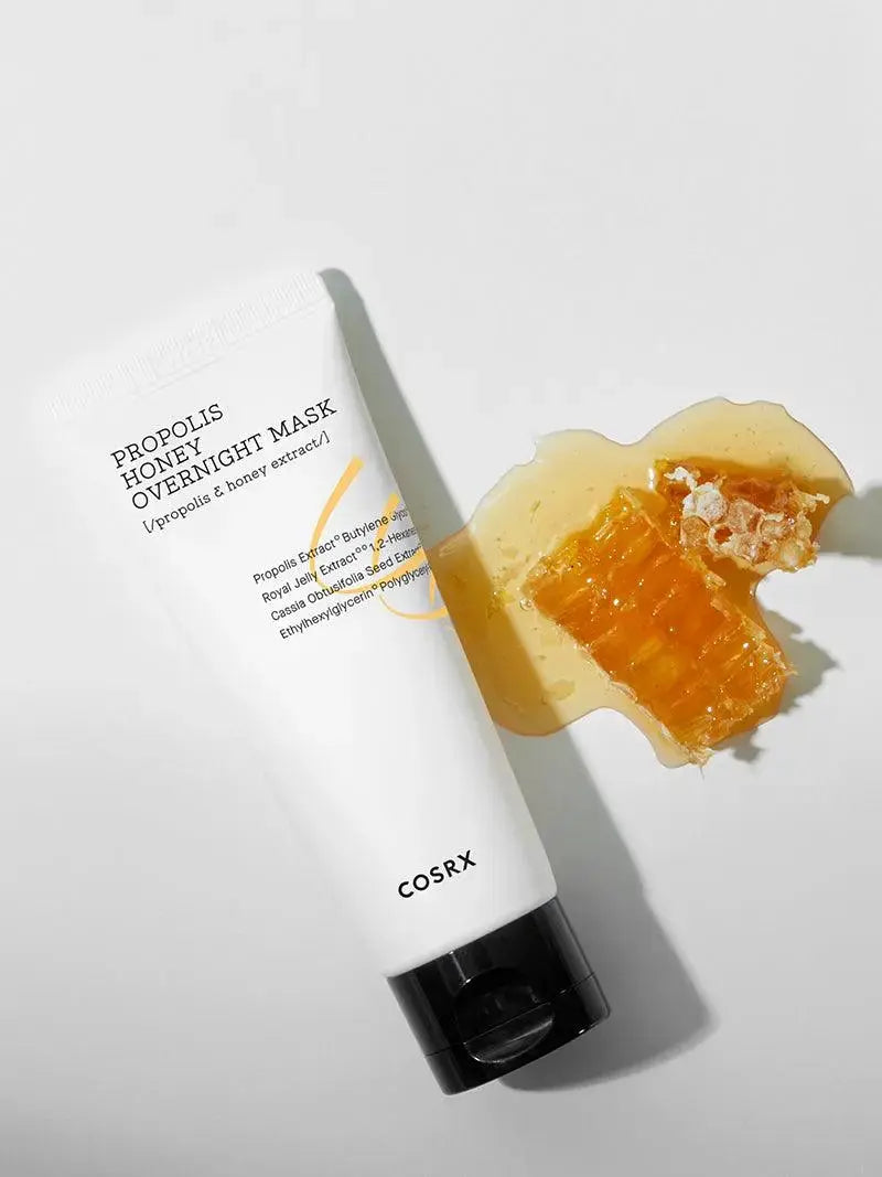 COSRX Full Fit Propolis Honey Overnight Mask in a 60ml jar, featuring nourishing honey and propolis for deep hydration.