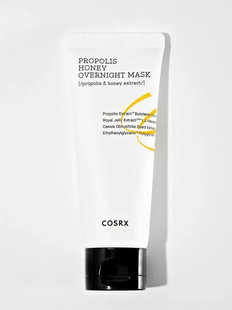 COSRX Full Fit Propolis Honey Overnight Mask in 60 ml jar, showing the creamy honey-colored texture and product label.