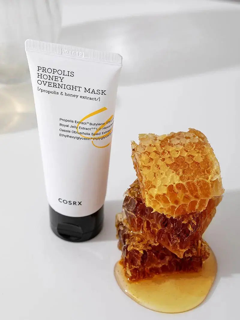 COSRX Full Fit Propolis Honey Overnight Mask in 60ml jar, featuring nourishing honey and propolis for skin hydration and repair.