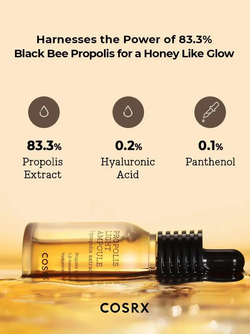 COSRX Full Fit Propolis Light Ampule 30ml bottle with dropper, featuring clear packaging and light yellow liquid inside.