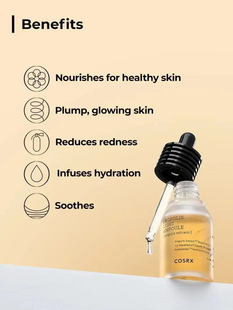 COSRX Full Fit Propolis Light Ampule 30 ml bottle with clear liquid and dropper for nourishing skin care.