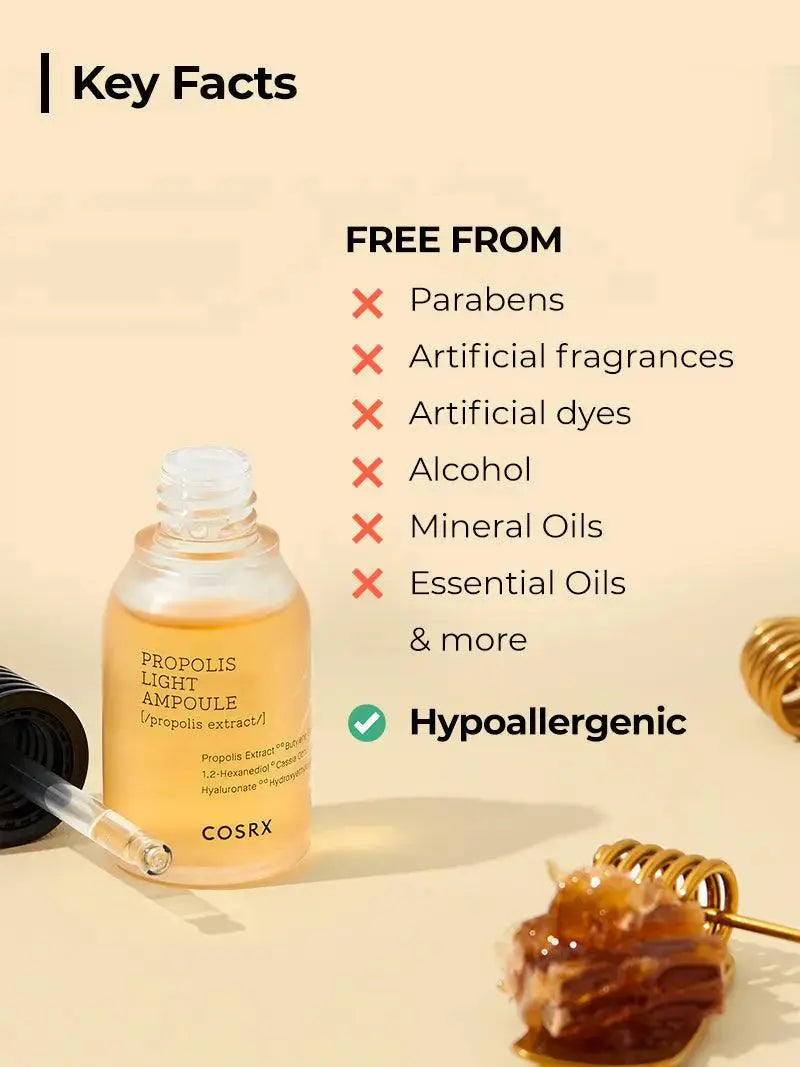 Cosrx Full Fit Propolis Light Ampule 30 ml bottle with clear label and dropper cap, skincare product for nourishing skin.