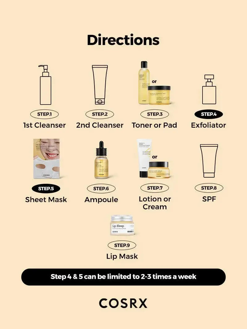 COSRX Full Fit Propolis Light Ampule 30ml in a clear glass bottle with a white pump dispenser, designed for skincare.