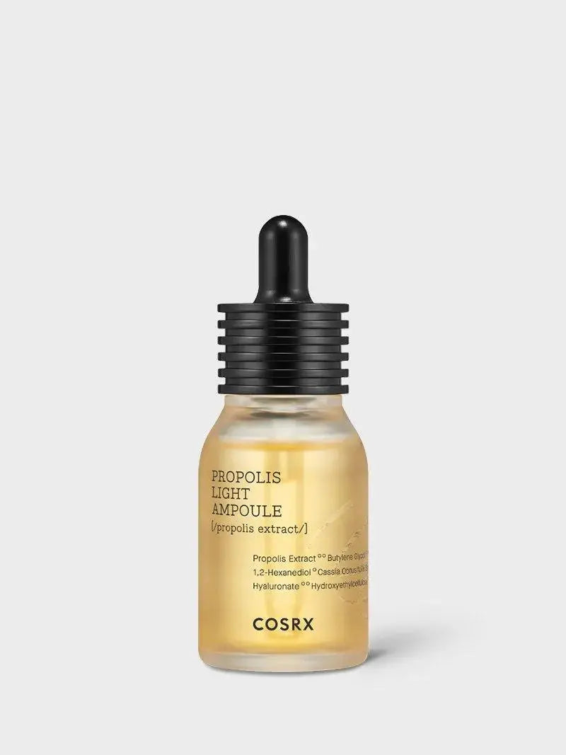 COSRX Full Fit Propolis Light Ampule 30 ml, a clear serum bottle with a white and green label, designed for skincare.