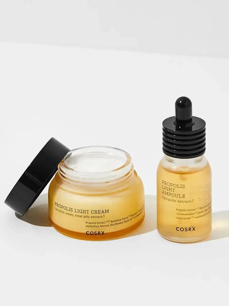COSRX Full Fit Propolis Light Ampule 30ml bottle with clear packaging and dropper applicator for hydrating skincare.