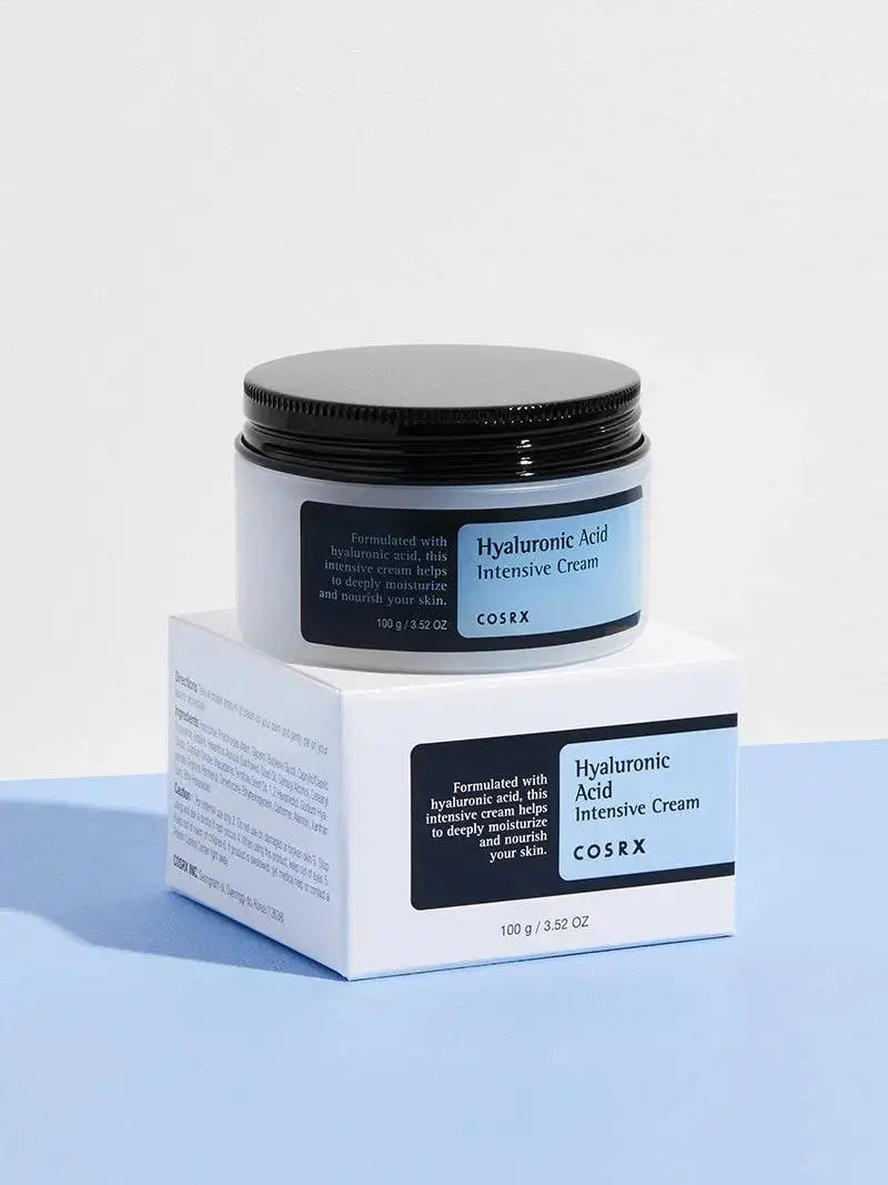 COSRX Hyaluronic Acid Intensive Cream 100 ml jar showing smooth, hydrating cream with clear label and minimalist packaging.