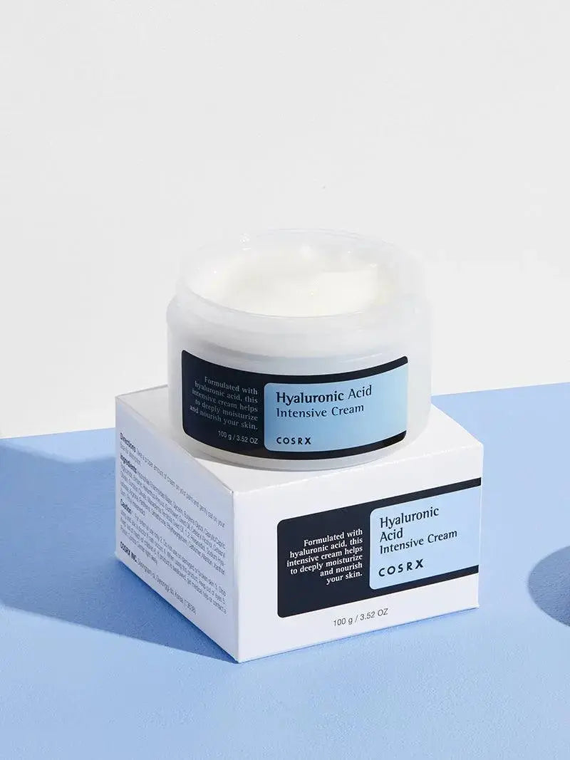 COSRX Hyaluronic Acid Intensive Cream 100ml jar showing creamy texture and product label for deep hydration skincare.