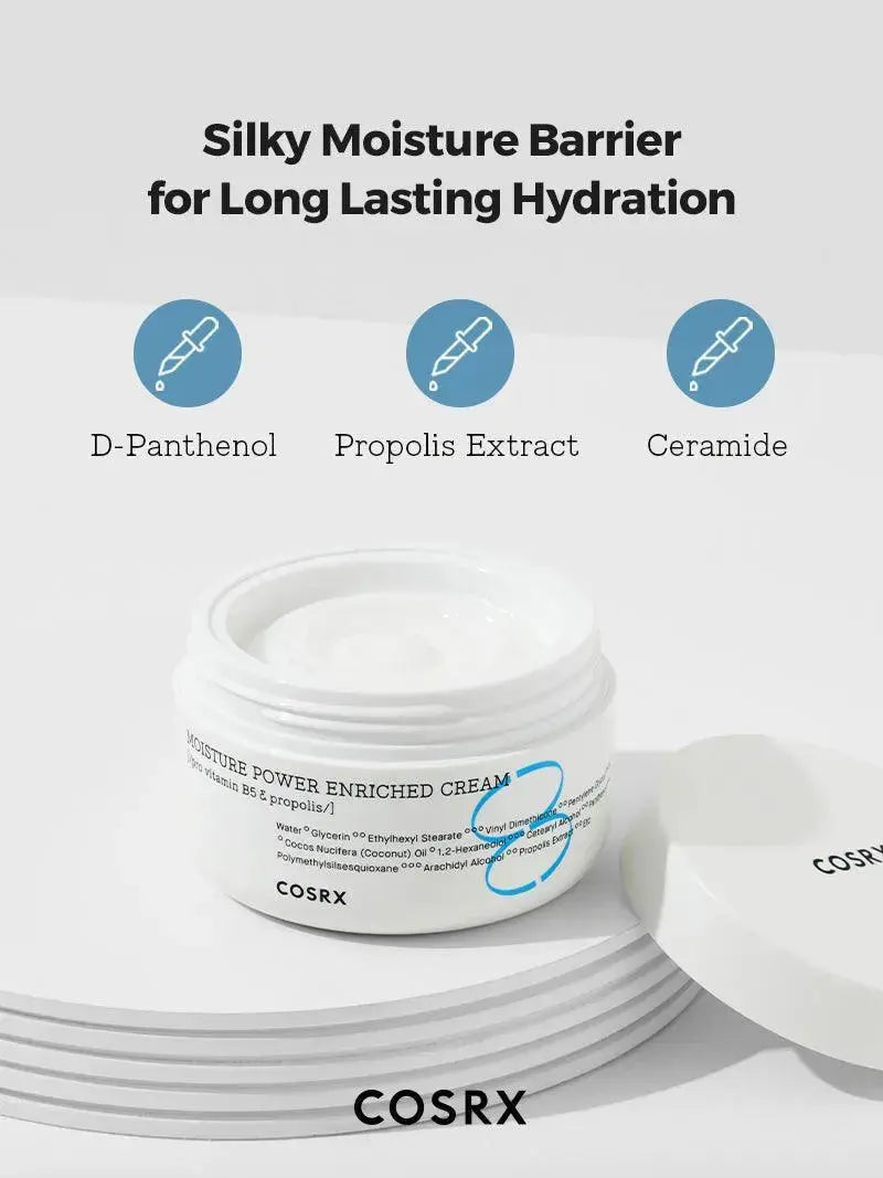 COSRX Hydrium Moisture Power Enriched Cream in a 50ml jar, showcasing its smooth, hydrating texture for moisturized skin.