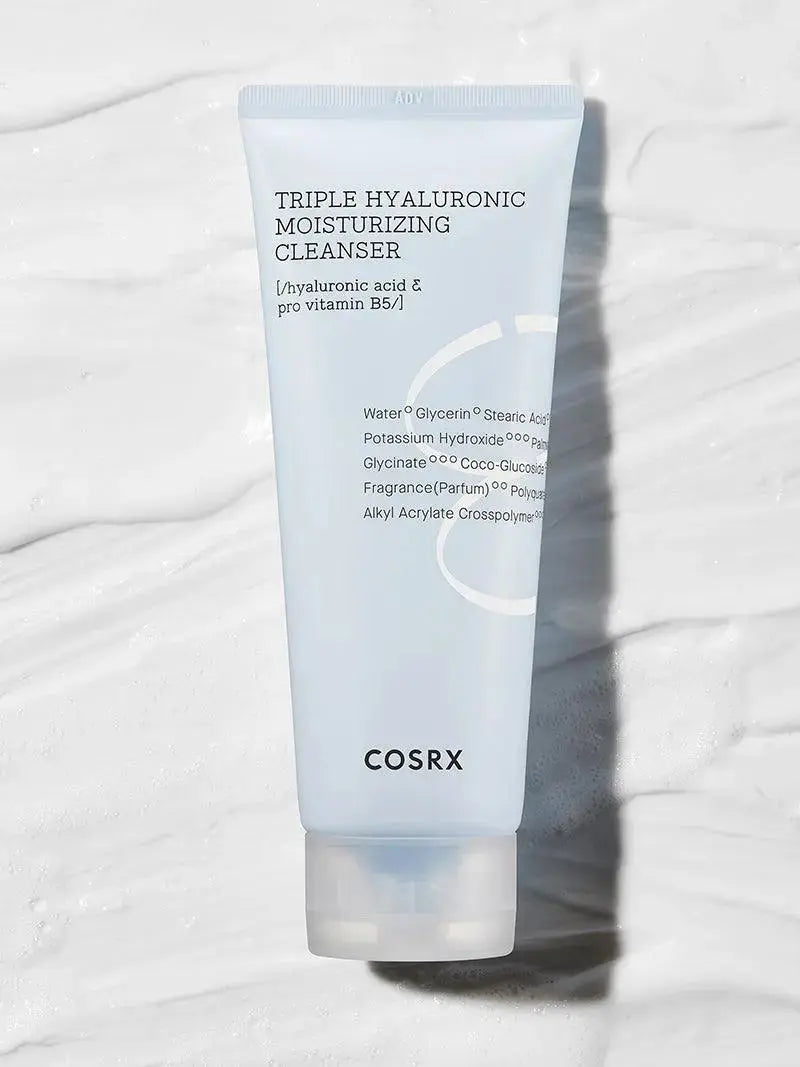 COSRX Hydrium Triple Hyaluronic Moisturizing Cleanser in a 150 ml bottle, featuring a gentle, hydrating facial cleanser with hyaluronic acid.