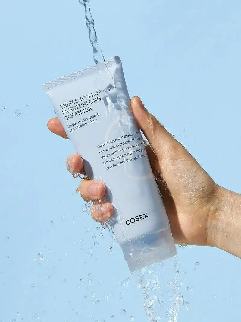 COSRX Hydrium Triple Hyaluronic Moisturizing Cleanser bottle showing the 150 ml size and clean design.