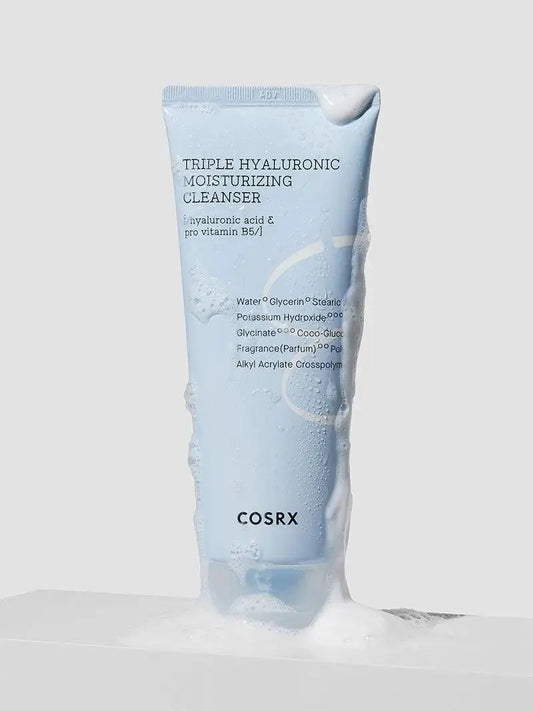 COSRX Hydrium Triple Hyaluronic Moisturizing Cleanser in a 150 ml bottle, featuring clear liquid and minimalist packaging.