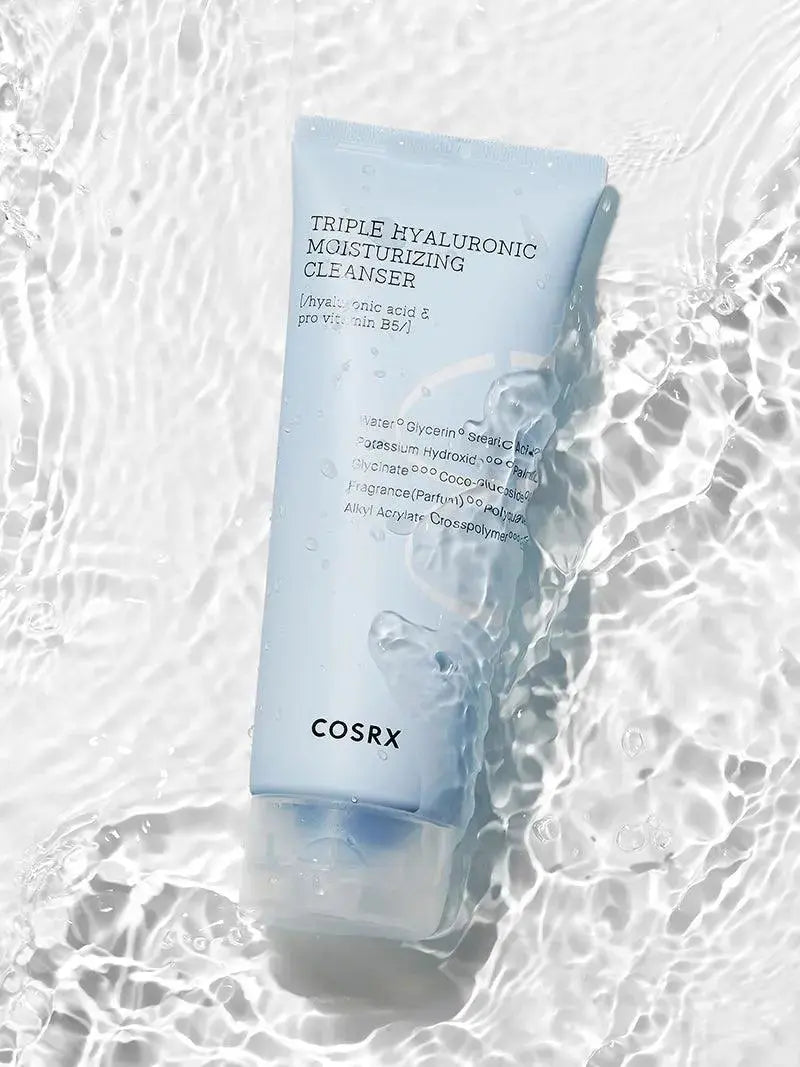 COSRX Hydrium Triple Hyaluronic Moisturizing Cleanser in a 150ml bottle, featuring gentle foam for hydrating skincare.