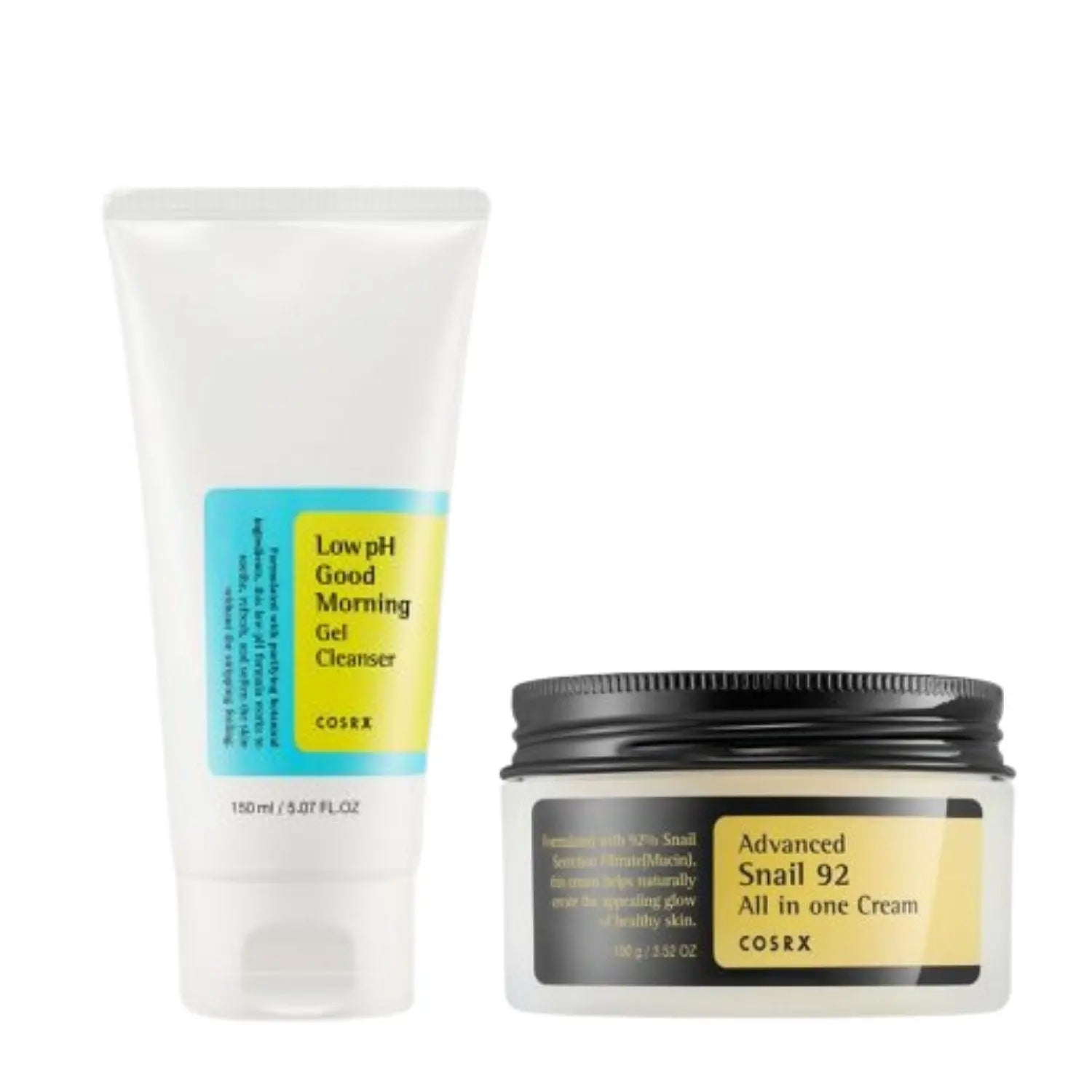 COSRX Low pH Good Morning Gel Cleanser and Advanced Snail 92 All-in-One Cream 250ml bottles on a clean surface.