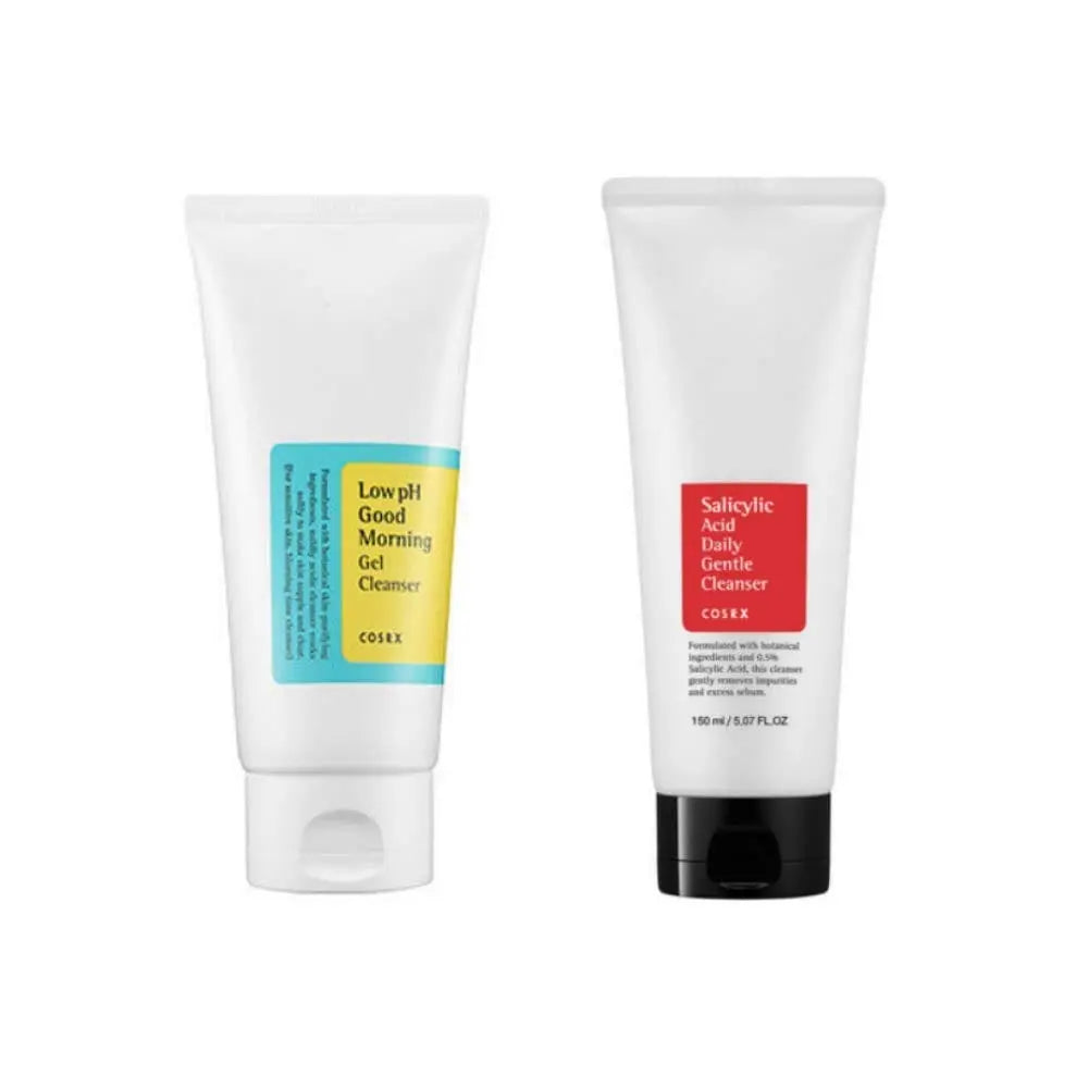 COSRX Low pH Good Morning Gel Cleanser and Salicylic Acid Daily Gentle Cleanser set with bottles and labels on a clean surface.